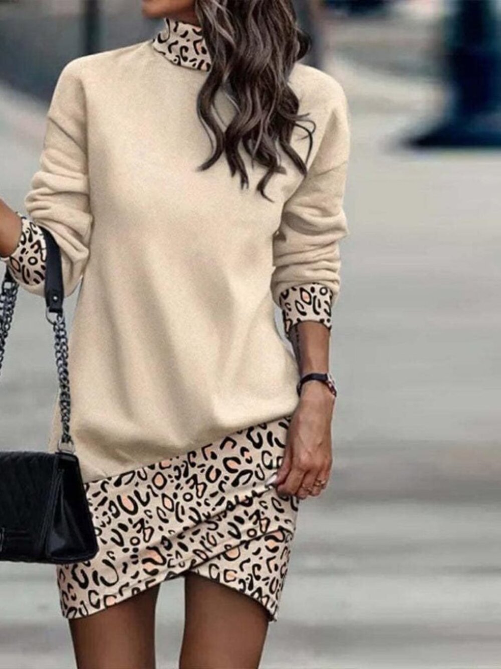 ChicMe Cowl Neck Dress Tunic Womens Size [S] Leopard Patchwork Asymmetrical Hem
